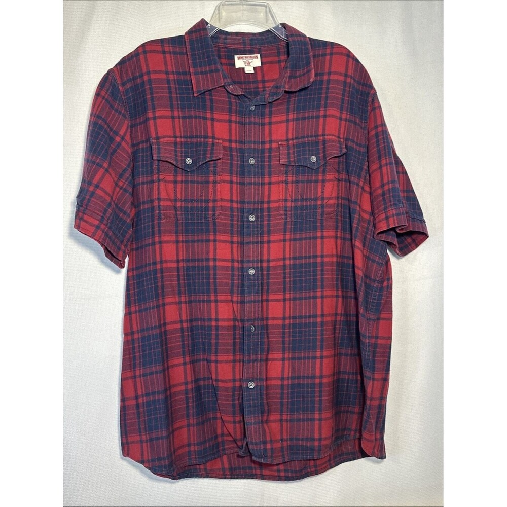 True Religion Short Sleeve Red Black Plaid Western Cowboy Mens Size 3XL Logo